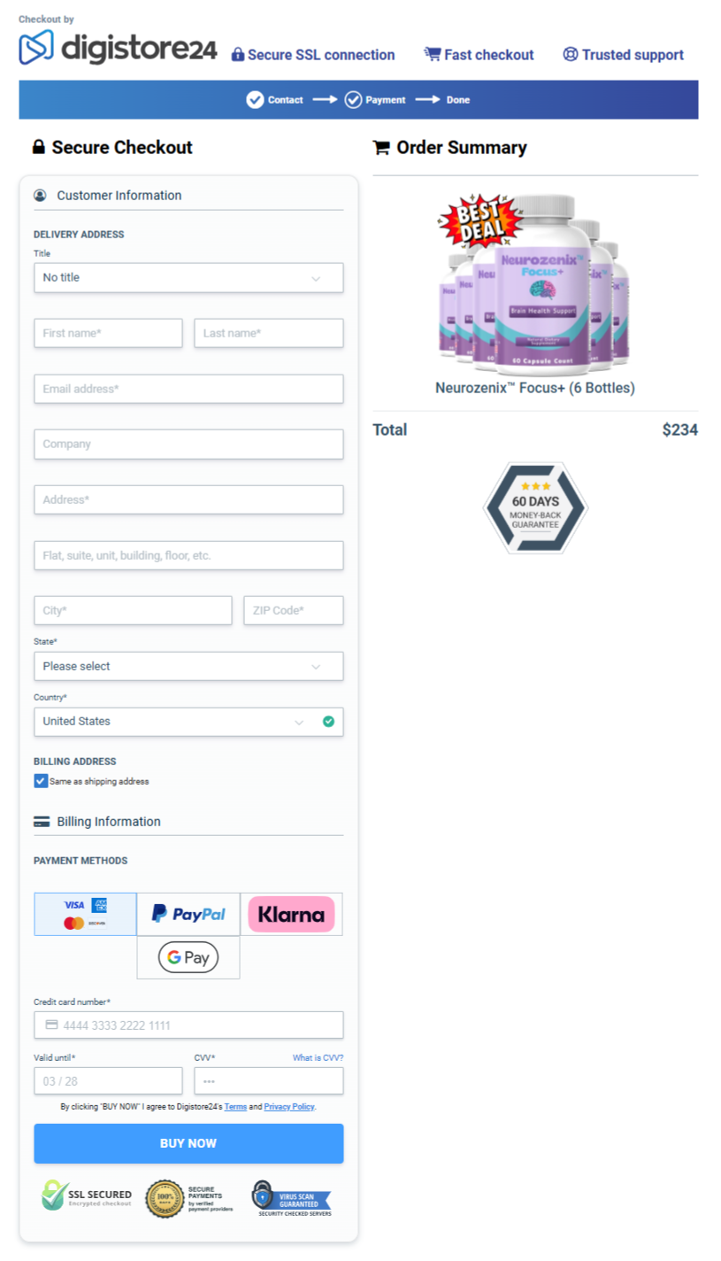 Neurozenix™ Focus+ Checkout Page Image